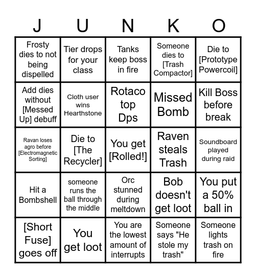 Stix Bunkjunker Bingo Card