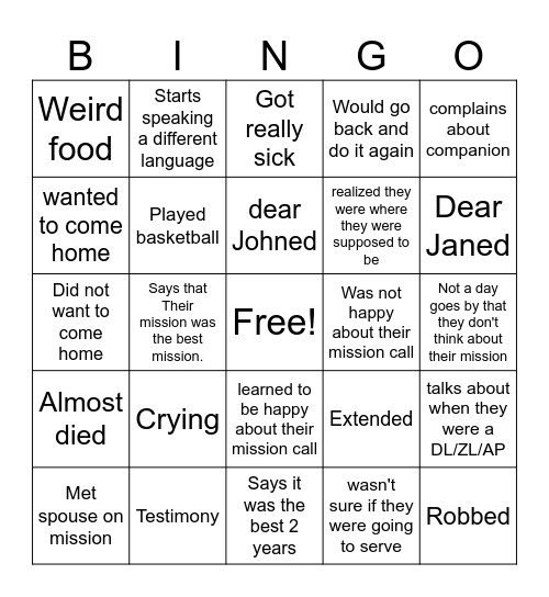 Missionary Bingo Card