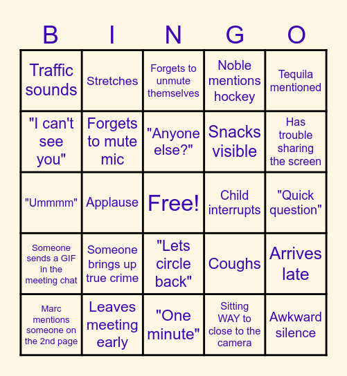 Virtual Meeting Bingo Card
