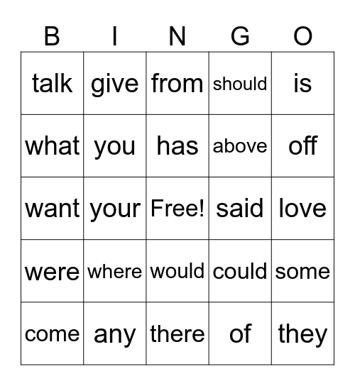 Heart Word Bingo Card