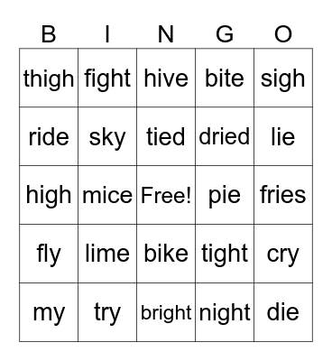 Long I Bingo Card