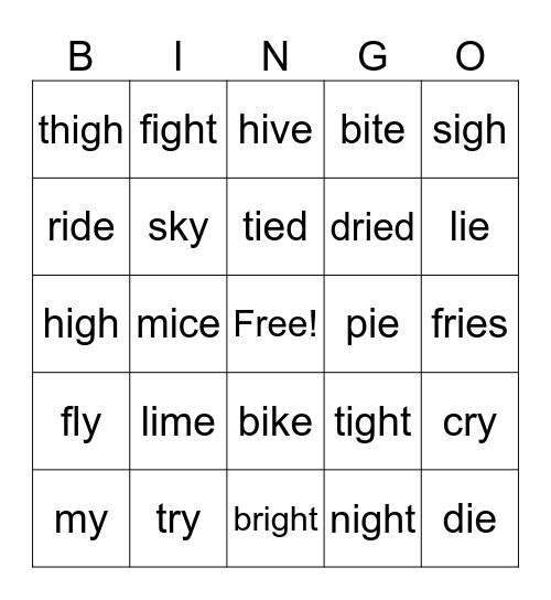 Long I Bingo Card