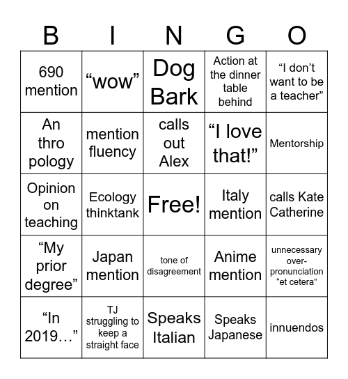 Throwing Beans at Demons Bingo Card