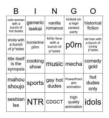 Average Seasonal Anime Bingo Card