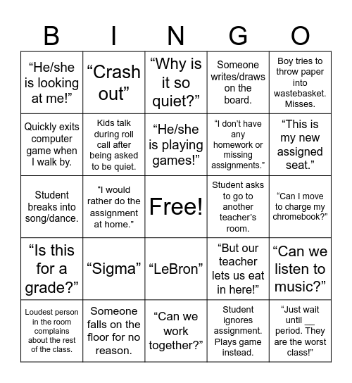 Classroom Bingo Card