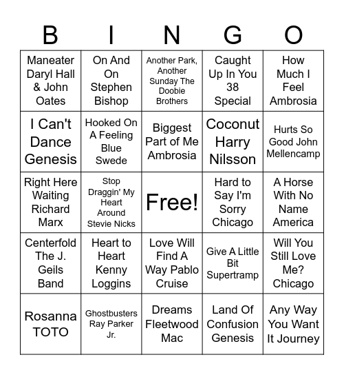 Yacht Rock Bingo Card