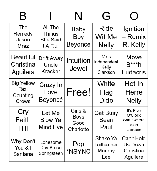 Hits of the 2000's Bingo Card