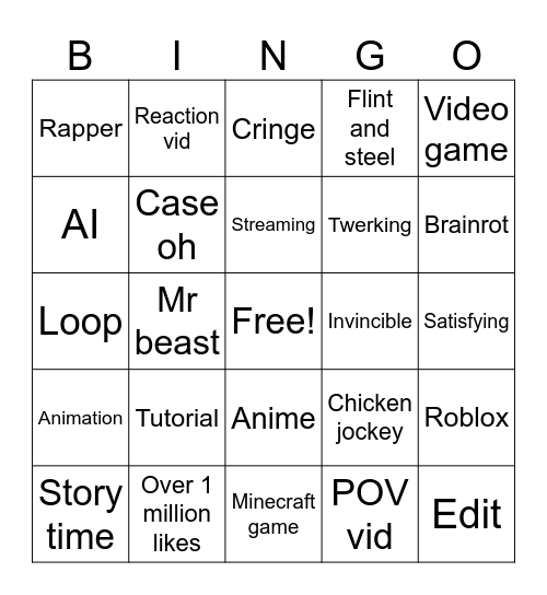 YouTube shorts Bingo Card