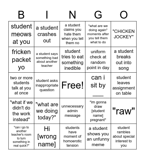 teacher bingo Card