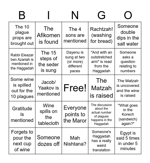 Seder Bingo Card