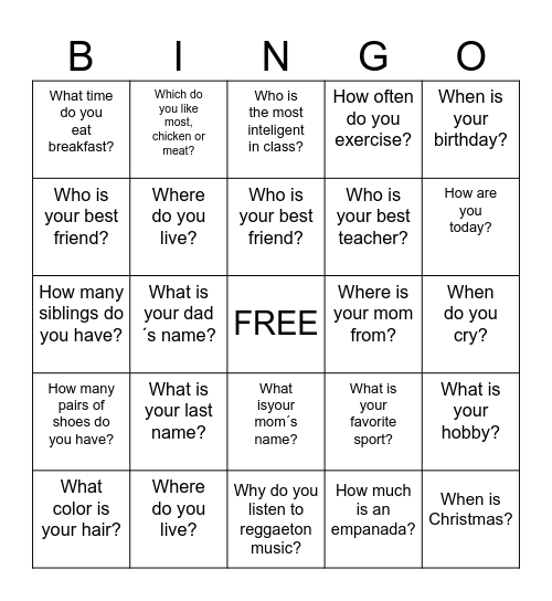 WH- Questions Bingo Card