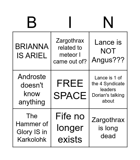 Lance Theories Bingo Card
