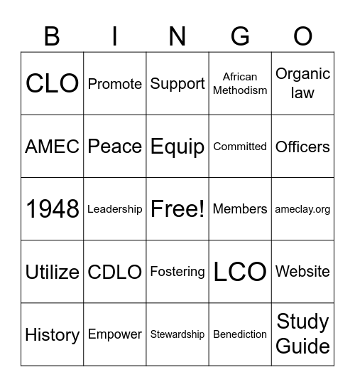 Lay Organization Bingo Card