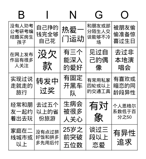 快乐人生bingo Card