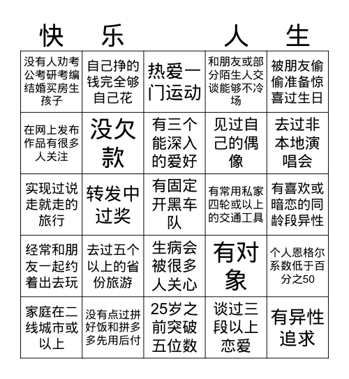 快乐人生bingo Card