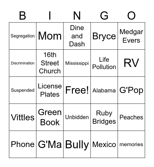 Clean Getaway Bingo Card