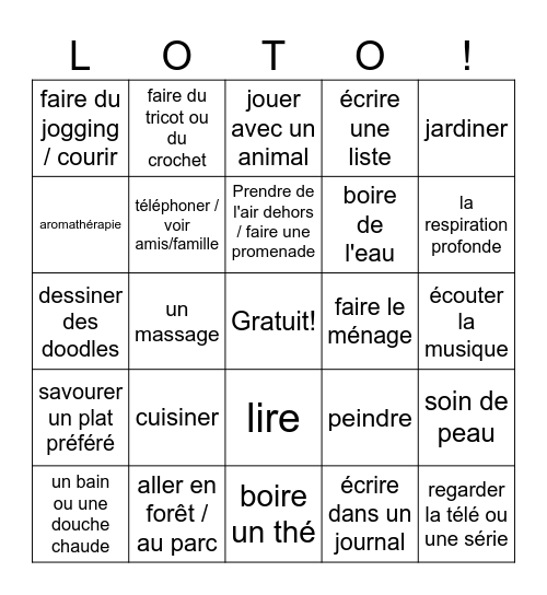 PRENDRE SOIN DE SOI Bingo Card
