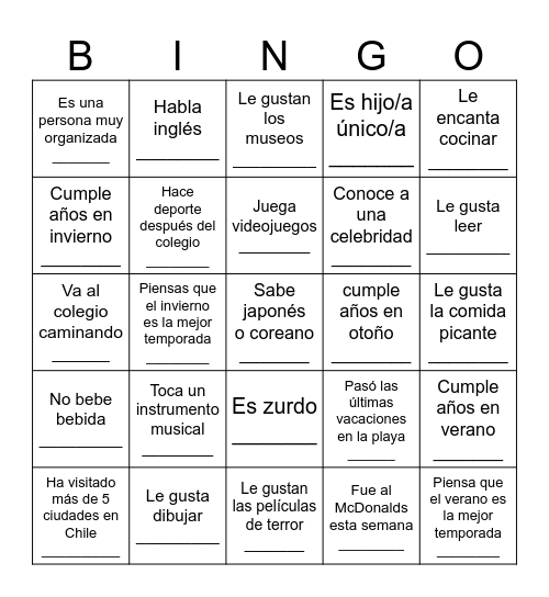 BINGO para conocerse Bingo Card
