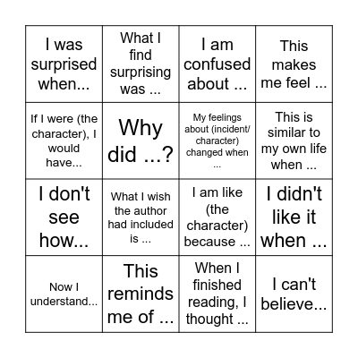 BINGO! Reader Response (Deep Annotation) Bingo Card