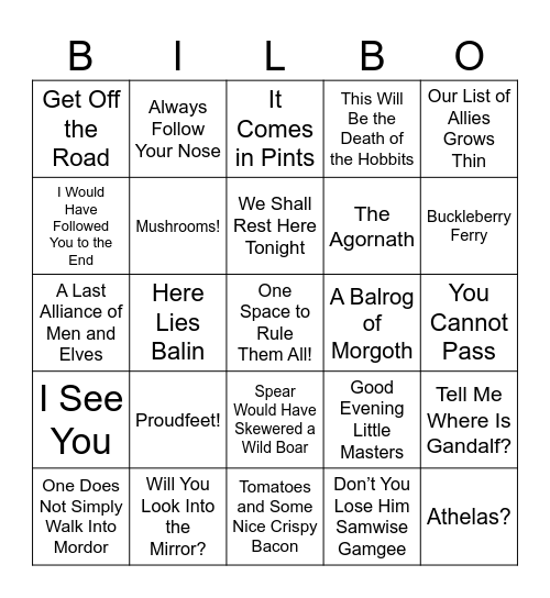 Fellowship of the Ring Bingo Card