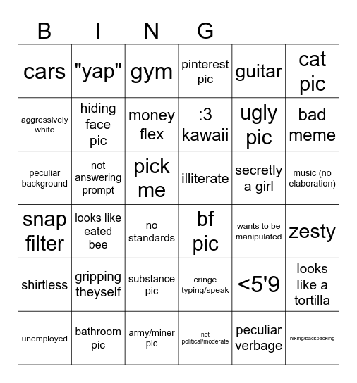 hinge freaks Bingo Card