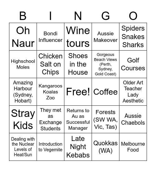 A Kdrama set in Australia Bingo Card
