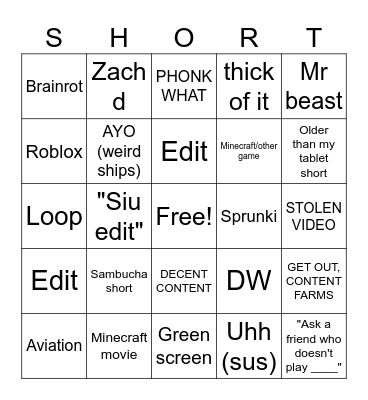 Shorts bingo but my fyp Bingo Card