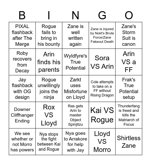 Ninjago Season 3 Bingo Card