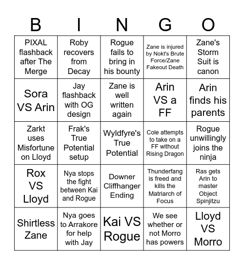 Ninjago Season 3 Bingo Card