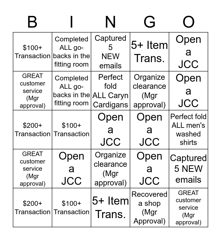 J. Crew Bingo Card