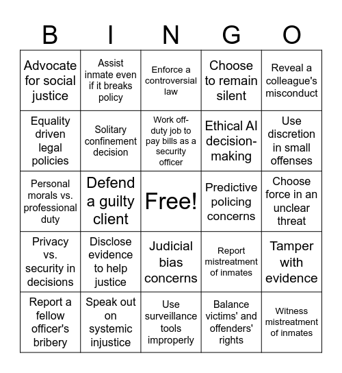 Ethics for CJ Bingo Card
