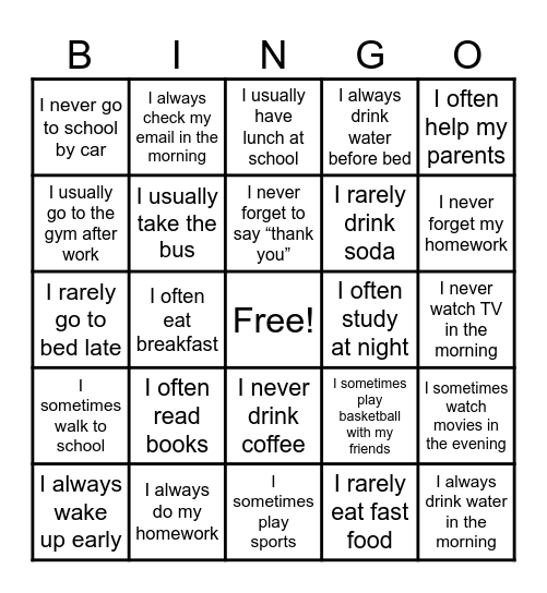 Daily Routine With Frequency Abverbs Bingo Card