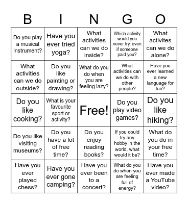 Activities and Free Time Bingo Card