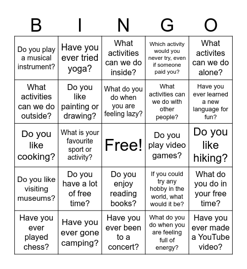 Activities and Free Time Bingo Card