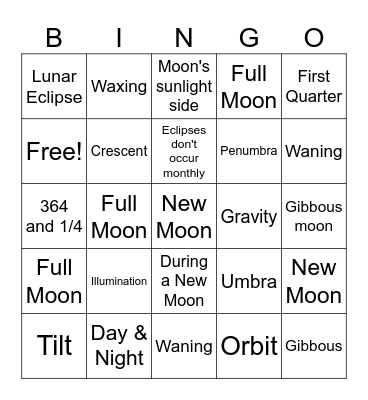 Hoffman Science:  Unit 5; Lesson 2~Moon Phases & Eclipses Bingo Card
