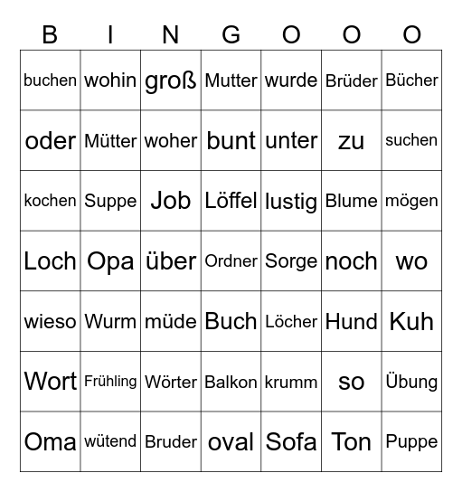 Wörter mit O U Ö Ü Bingo Card