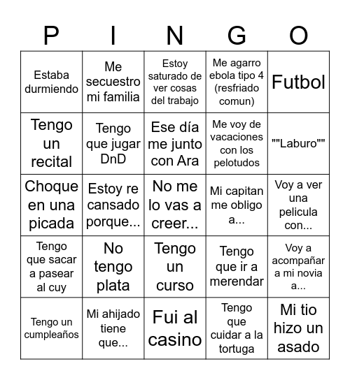 Excusas Bingo Card