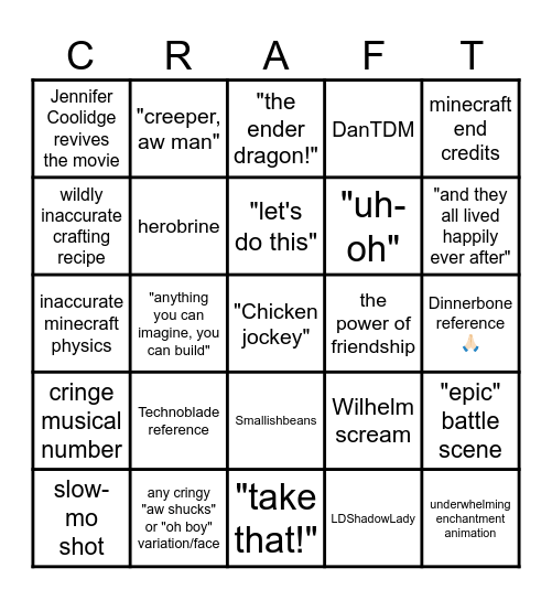 A Minecraft Movie bingo card Bingo Card