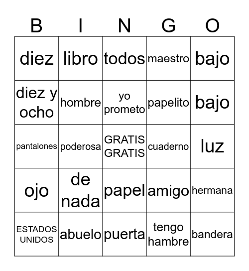 ESPANOL II Bingo Card