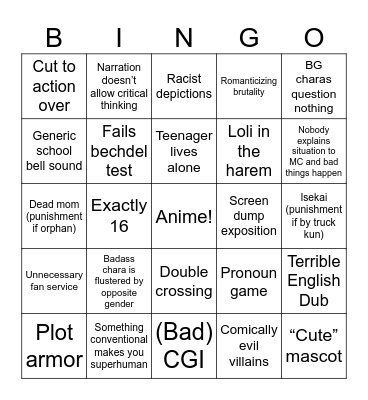 Anime Episode One Bingo Card