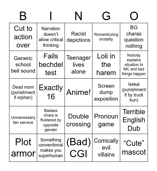 Anime Episode One Bingo Card