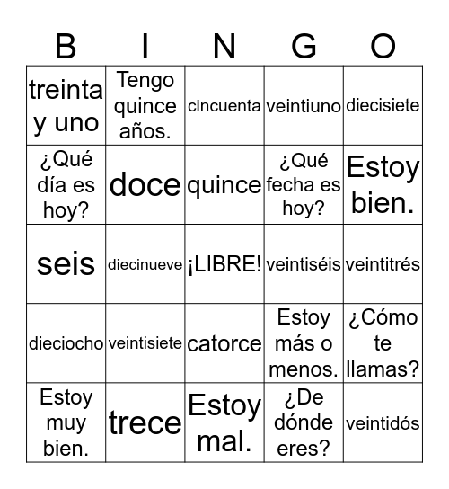 Bingo Español Bingo Card