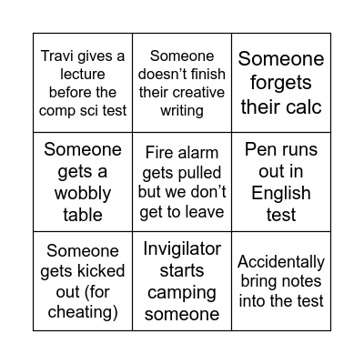 GCSE Exam Room Bingo Card
