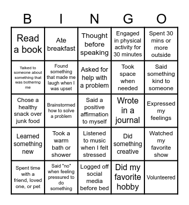 Stress Management BINGO Card