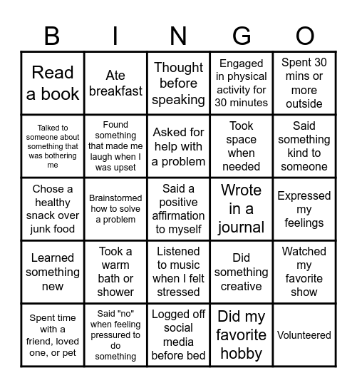 Stress Management BINGO Card