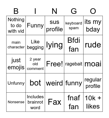 Youtube comment bingo Card