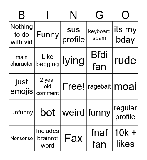 Youtube comment bingo Card