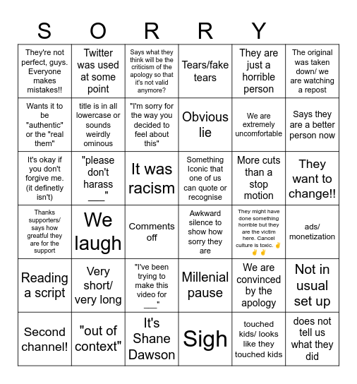 Apology Video Bingo Card