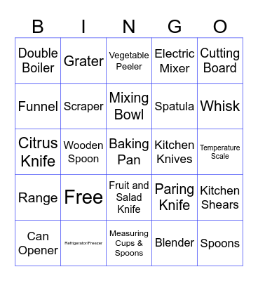 Classified Tools, Equipment, and Utensils Needed in Preparing Desserts Bingo Card