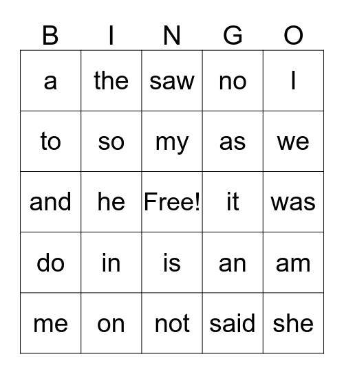 Sight Word Bingo Card